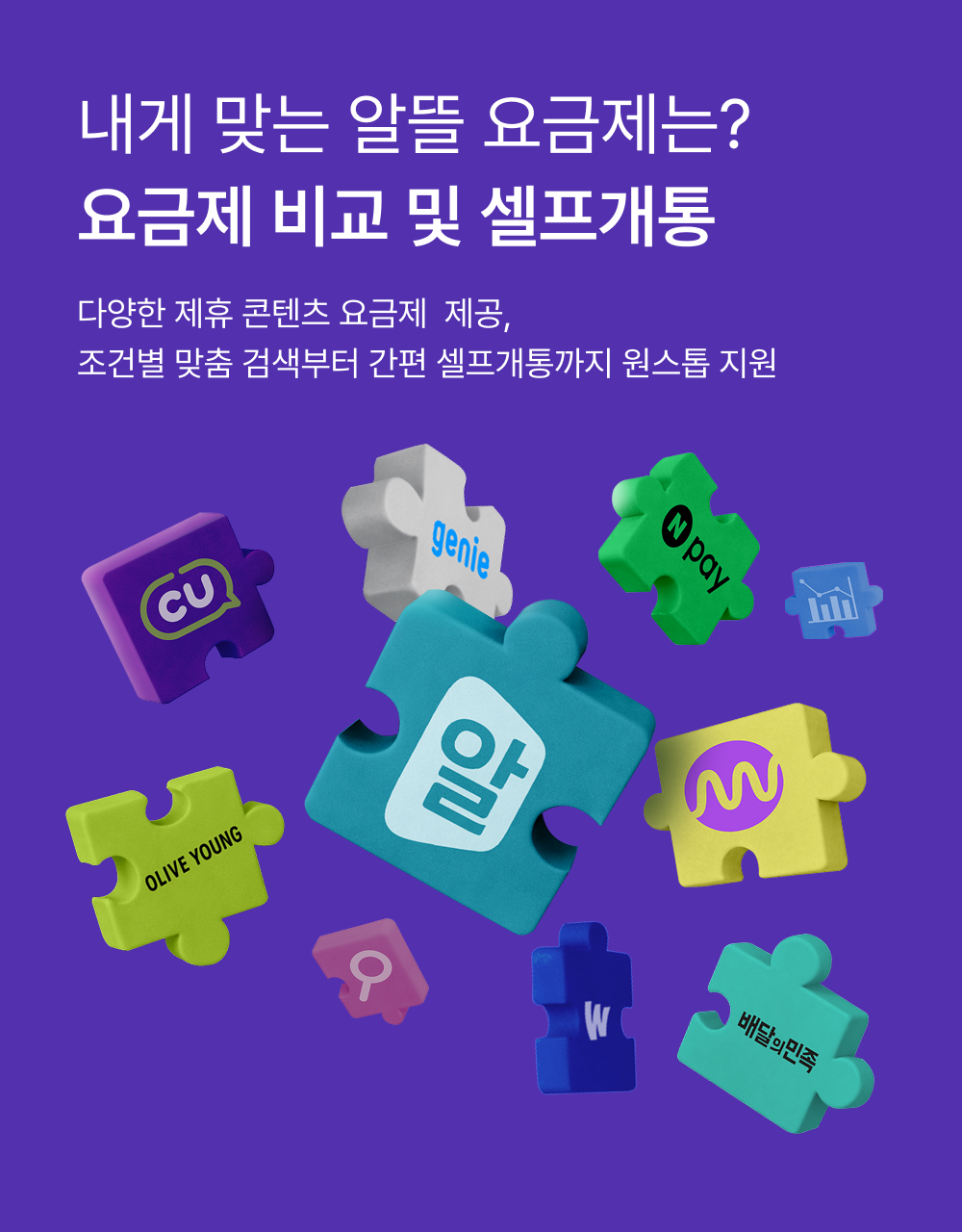 내게 맞는 알뜰 요금제는? 요금제 비교 및 셀프개통 다양한 제휴 콘텐츠 요금제 제공, 조건별 맞춤 검색부터 간편 셀프개통까지 원스톱 지원. 알뜰폰, 지니, 네이버페이, 밀리의 서재, 배달의 민족, 올리브영, CU, 웨이브